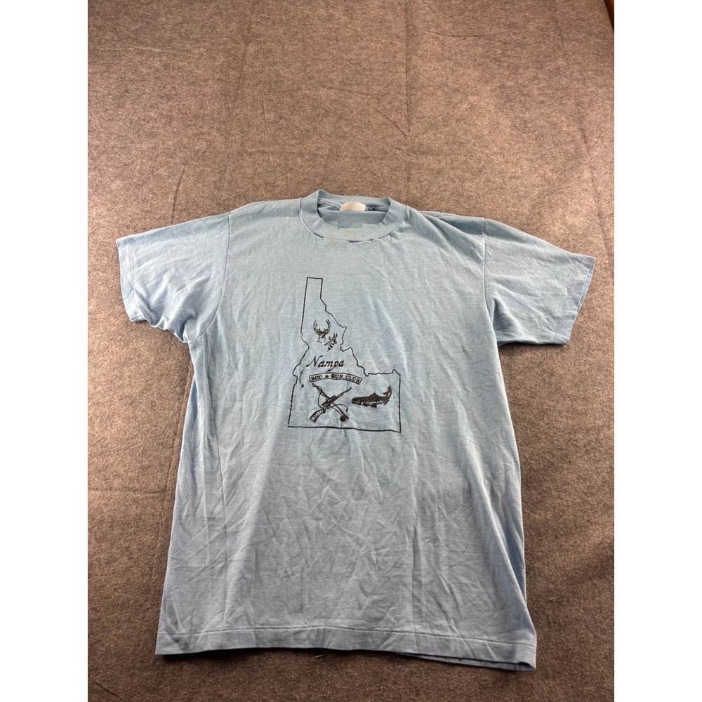 VTG Nampa Rod & Gun Club Idaho T-Shirt Light Blue Single Stitch Graphic Tee SEE